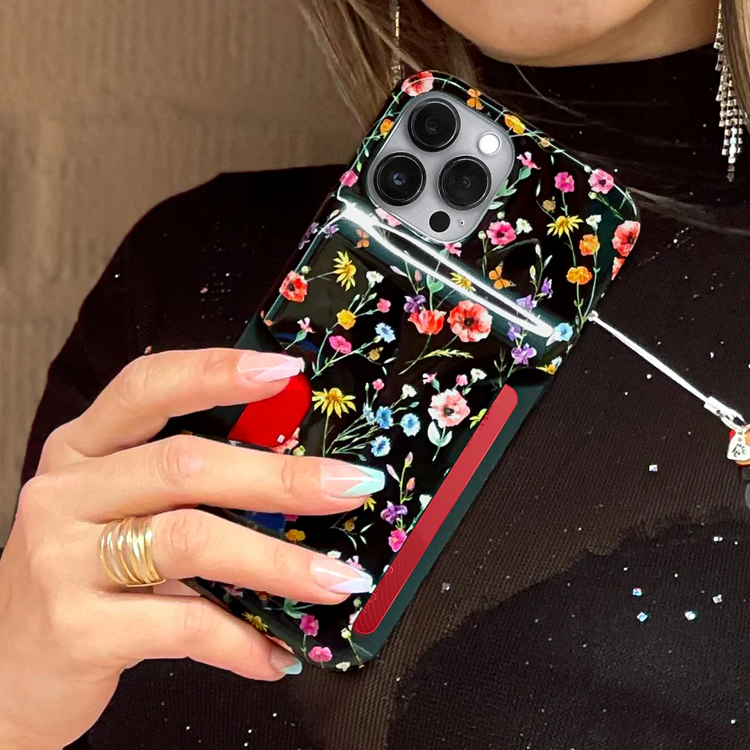 Black Wildflower iPhone Wallet Case - Image 105