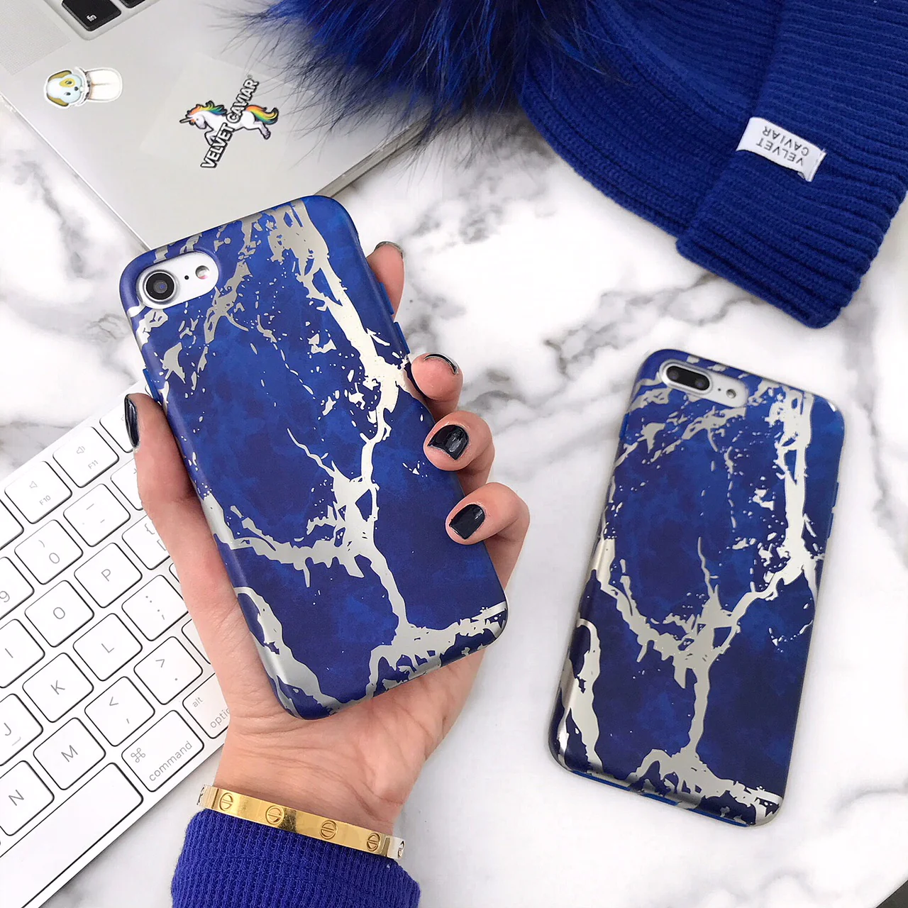 Navy Blue Marble Silver Chrome iPhone Case - Image 18