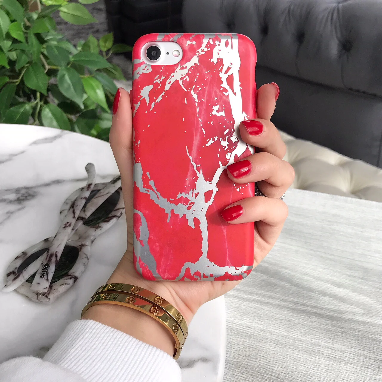 Red Marble Silver Chrome iPhone Case - Image 44